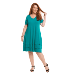 Vestido de Malha com Decote V e Barrado em Camadas