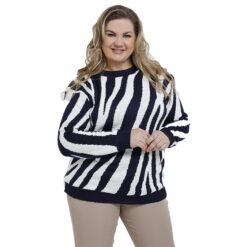 Blusão Tricot Zebrado Azul Marinho e Branco