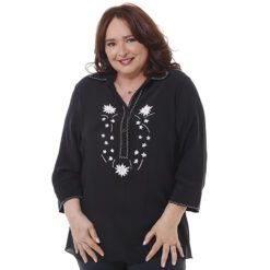 Túnica de Seda Pura Preta Bordada