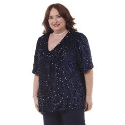 Blusa de Veludo com Paetês Azul Marinho