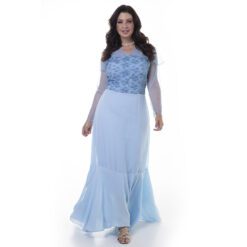 Vestido Longo com Detalhe em Renda e Tule – Azul Claro